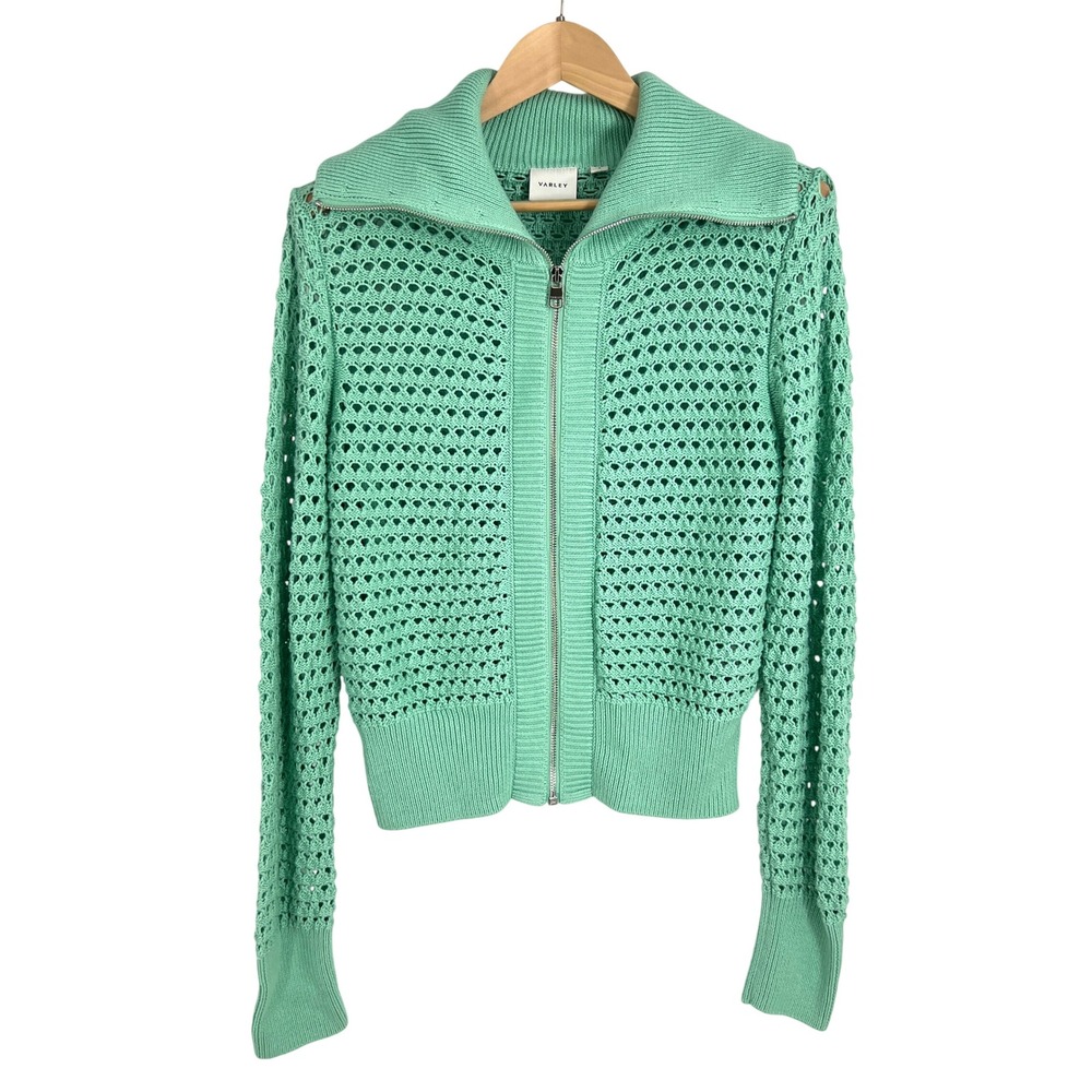 Varley Mint Green Open Knit Full Zip Cotton Cardigan Sweater Small VAR01791
